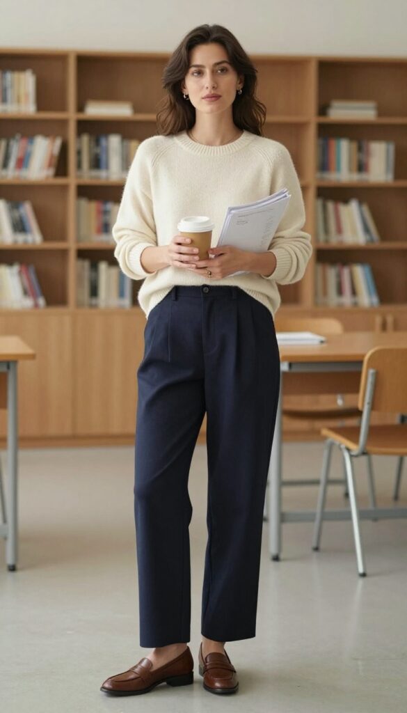 3. Cashmere Sweater + Wide-Leg Trousers + Loafers