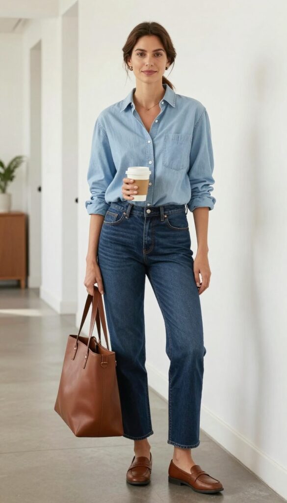 4. Chambray Shirt + Dark Wash Jeans + Loafers