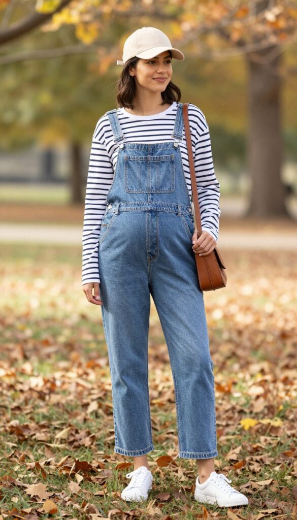 6. Maternity Overalls with a Striped Long-Sleeve Tee and White Sneakers