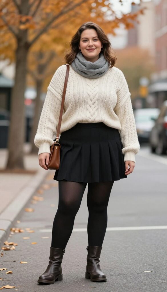 8. Pleated Mini Skirt with a Chunky Sweater and Tights