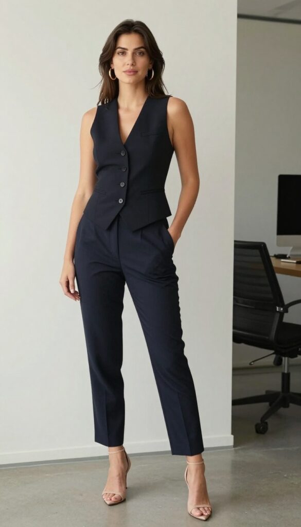 6. Vest as a Top with High-Waisted Trousers