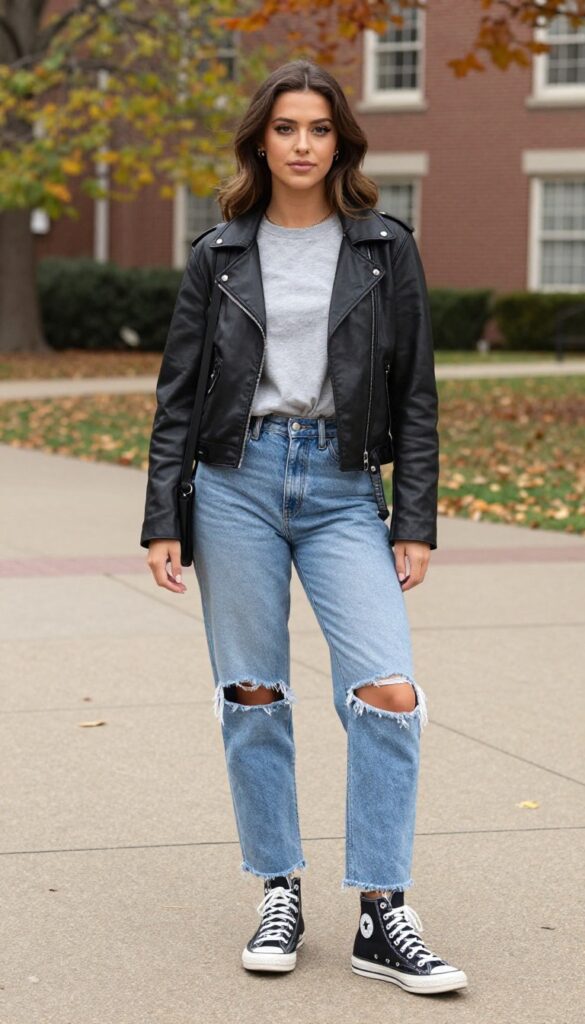 8. Leather Moto Jacket with a Band Tee, Ripped Jeans, and High-Top Sneakers
