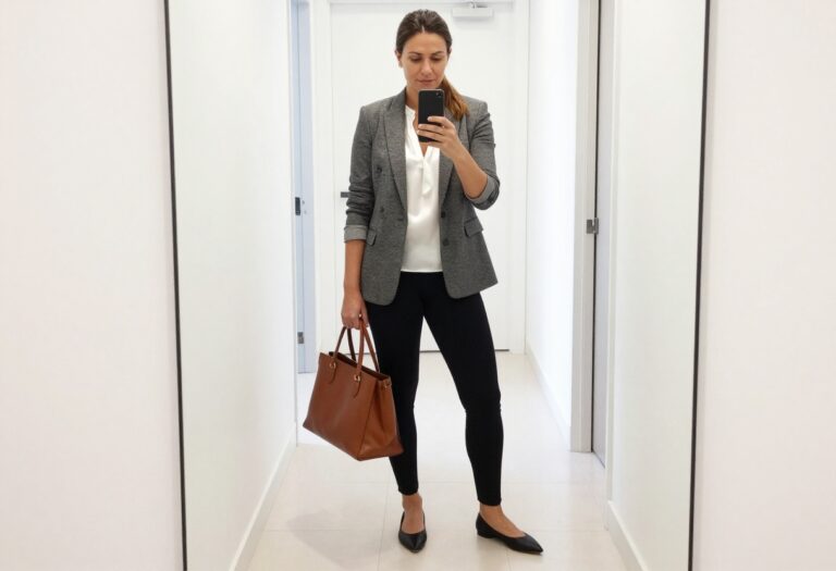 Woman in black leggings, white blouse, and gray blazer standing in an office hallway