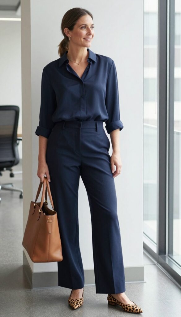 10. Navy Blouse + Camel Pants + Leopard Flats