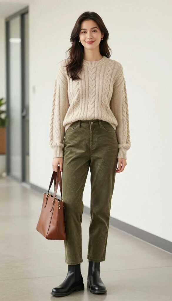 7. Cable-Knit Sweater + Corduroy Pants + Chelsea Boots