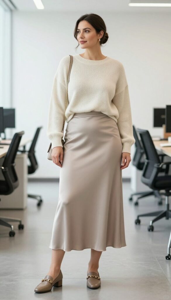 4. Midi Slip Skirt + Cashmere Sweater + Chain-Loafer Mules