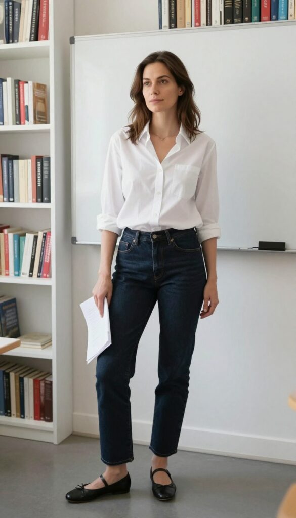 4. Button-Down Shirt + Dark Wash Jeans + Ballet Flats