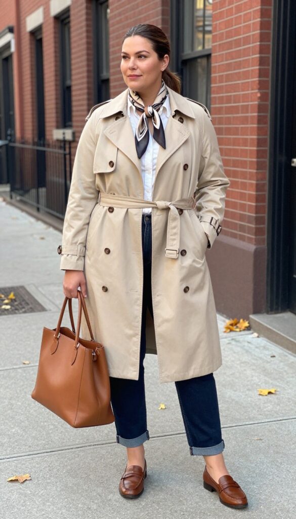 9. Beige Trench Coat over a White Button-Down and Dark Jeans
