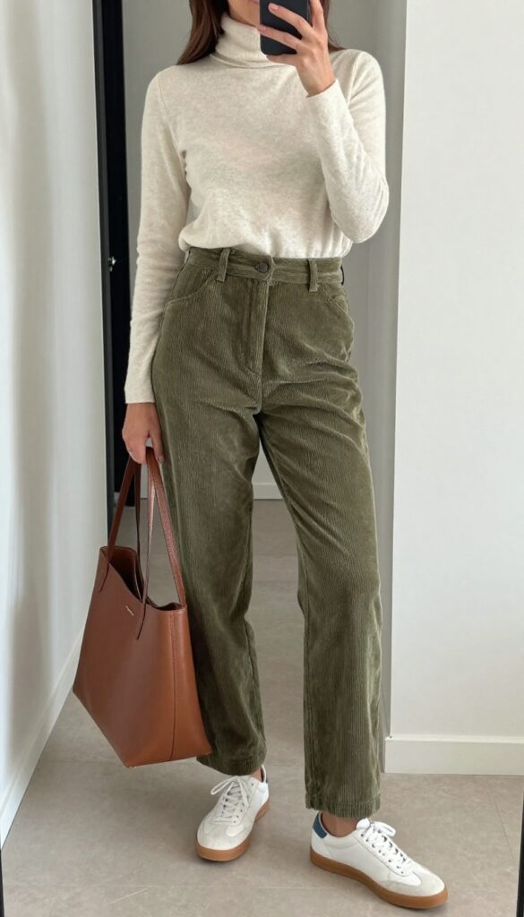 12. Corduroy Pants + Turtleneck + Leather Sneakers