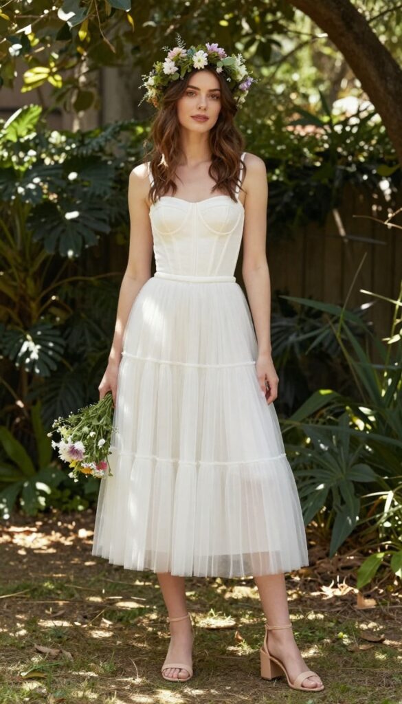 Woman in white corset top and tiered tulle skirt with floral crown in garden