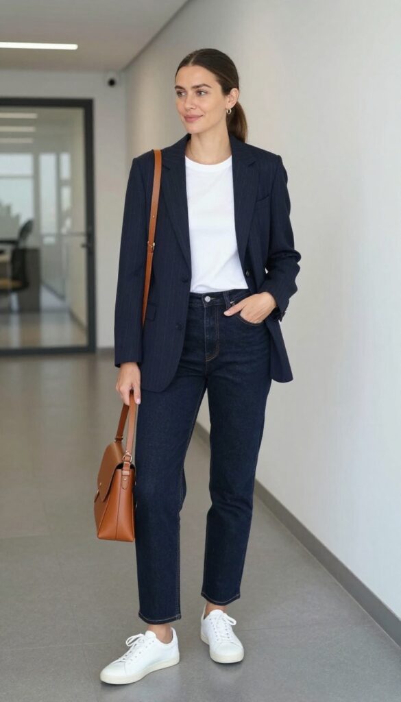 5. Pinstripe Blazer Over a Simple Tee and Straight-Leg Jeans