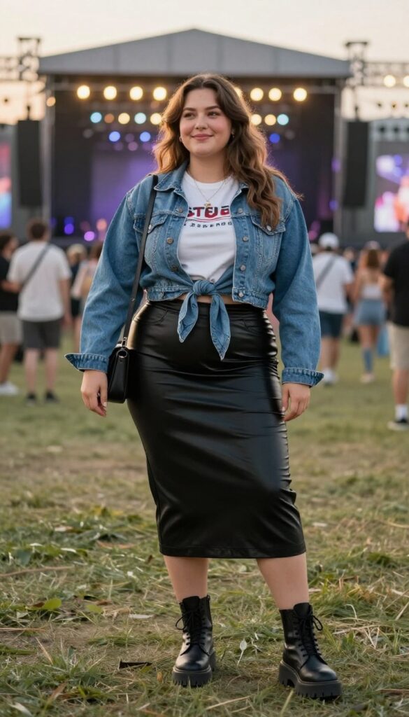 2. Faux Leather Midi Skirt with a Cropped Band Tee
