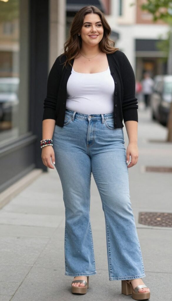 10. Shrug Over a Cami with Flared Jeans