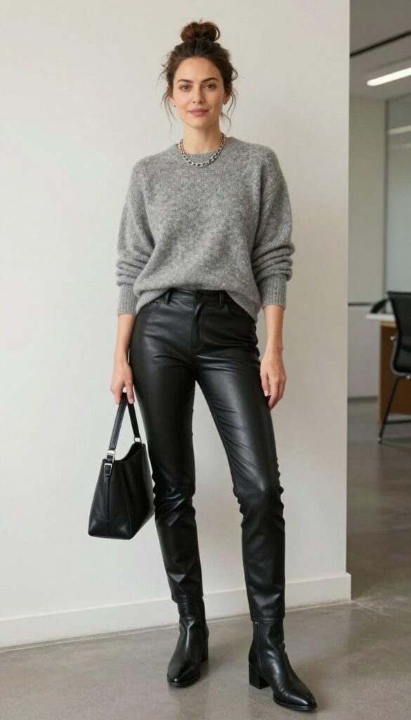 2. Leather Trousers with a Soft Cashmere Sweater