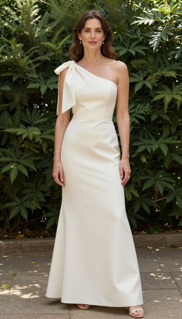 Young adult woman with medium skin tone and wavy brown hair in a half-updo, wearing an ivory A-line wedding dress with off-shoulder neckline and large satin bow at one shoulder, standing in a sunlit garden with blooming flowers, smiling gently, hands at sides, full-length view.