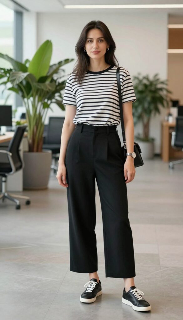 9. Striped Breton Top + Black Wide-Leg Culottes + Leather Sneakers