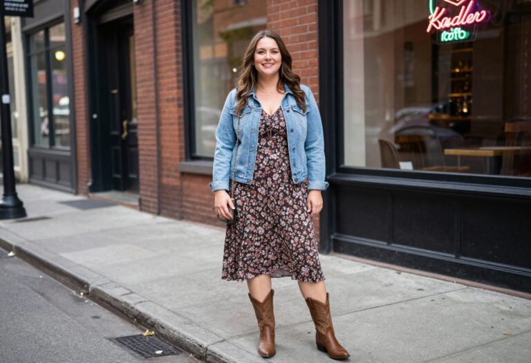 Plus size woman in floral dress, denim jacket, and cowboy boots on a Nashville street