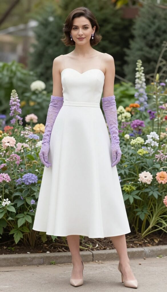 Woman in white sweetheart wedding dress with lavender lace gloves in garden