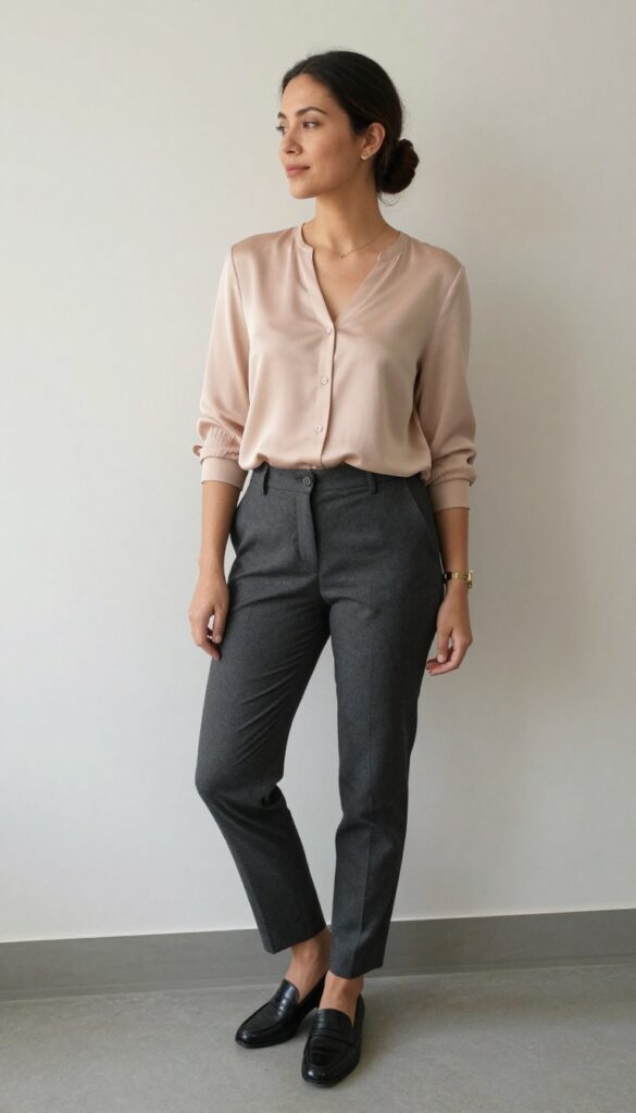 1. Tailored Trousers with a Silk Blouse and Loafers
