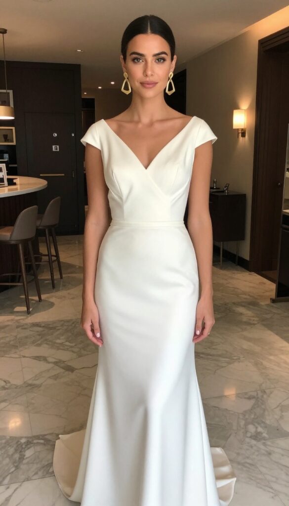 Woman in ivory satin cap sleeves wedding dress with gold geometric earrings and low bun in hotel lobby
