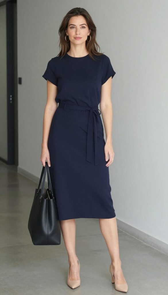 3. Navy Wrap Dress + Block Heels + Statement Earrings