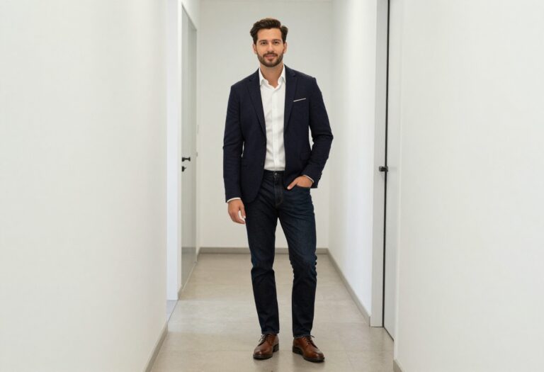 Man in navy blazer, white Oxford shirt, dark jeans, and brown derbies standing in office hallway