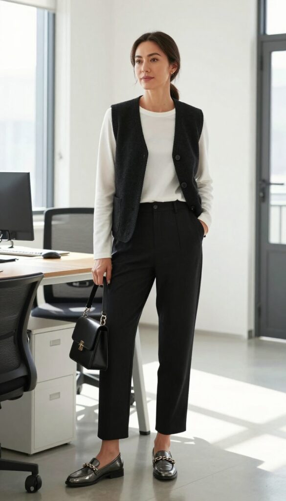 11. Vest + Long-Sleeve Tee + Straight-Leg Pants