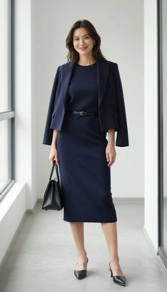2. The Midi Dress with a Belt and Blazer