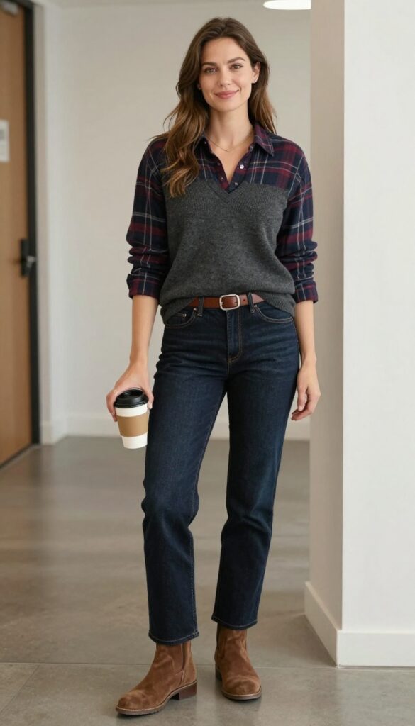 5. Flannel Shirt Layered Under a V-Neck Sweater