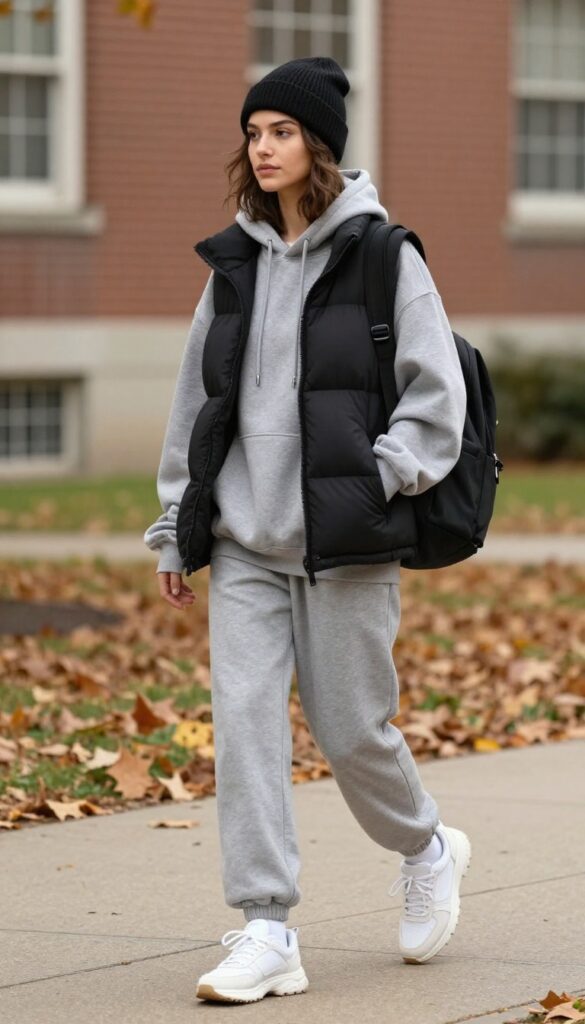 5. Athleisure Look: Hoodie with Joggers, Puffer Vest, and Chunky Sneakers