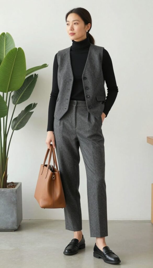 10. Longline Vest + Turtleneck + Straight-Leg Pants