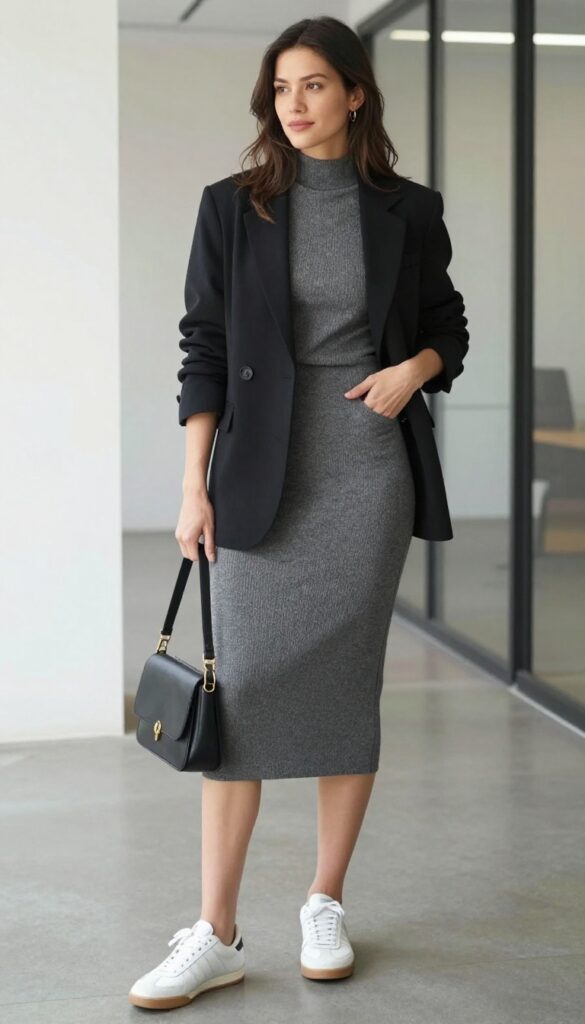 10. The High-Neck Dress with a Blazer and Sneakers