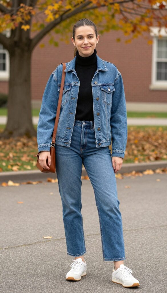 2. Denim Jacket over a Turtleneck with Straight-Leg Jeans