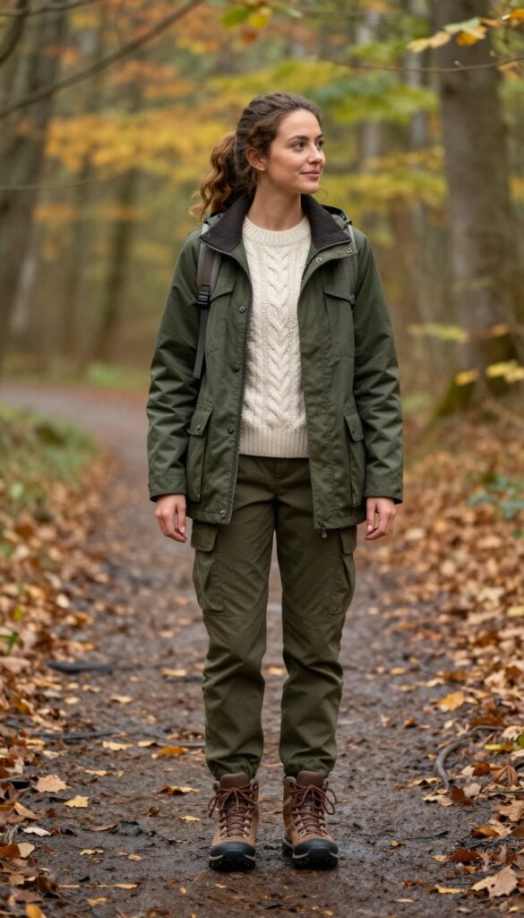 11. Waxed Cotton Jacket + Cable Knit Sweater + Cargo Pants + Hiking Boots