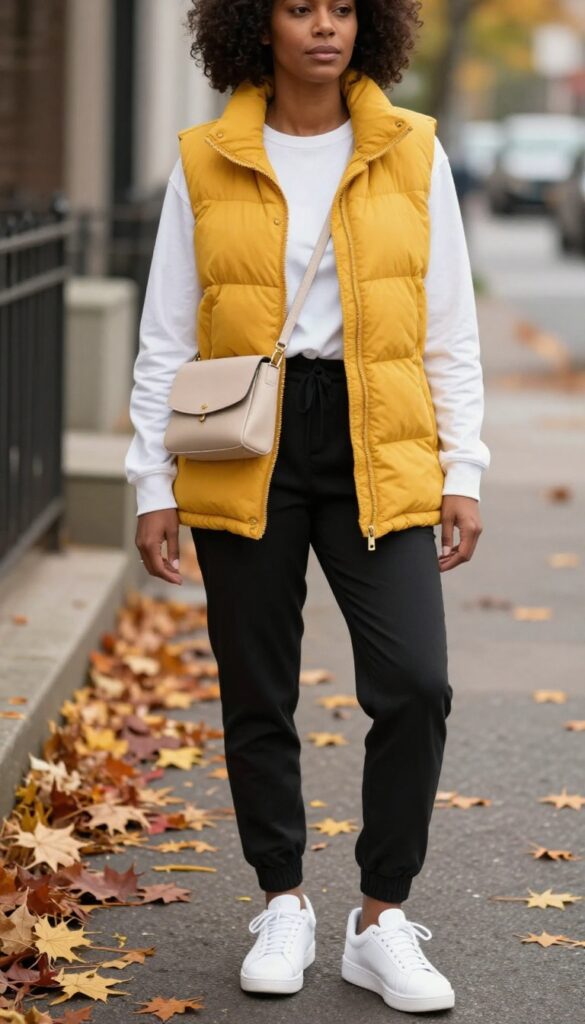 14. Puffer Vest + Long-Sleeve Tee + Joggers + Sneakers