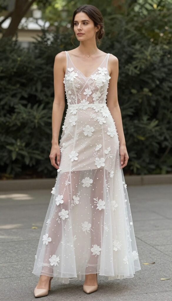 Bride in sheer overlay wedding dress with floral appliqués standing in sunlit garden