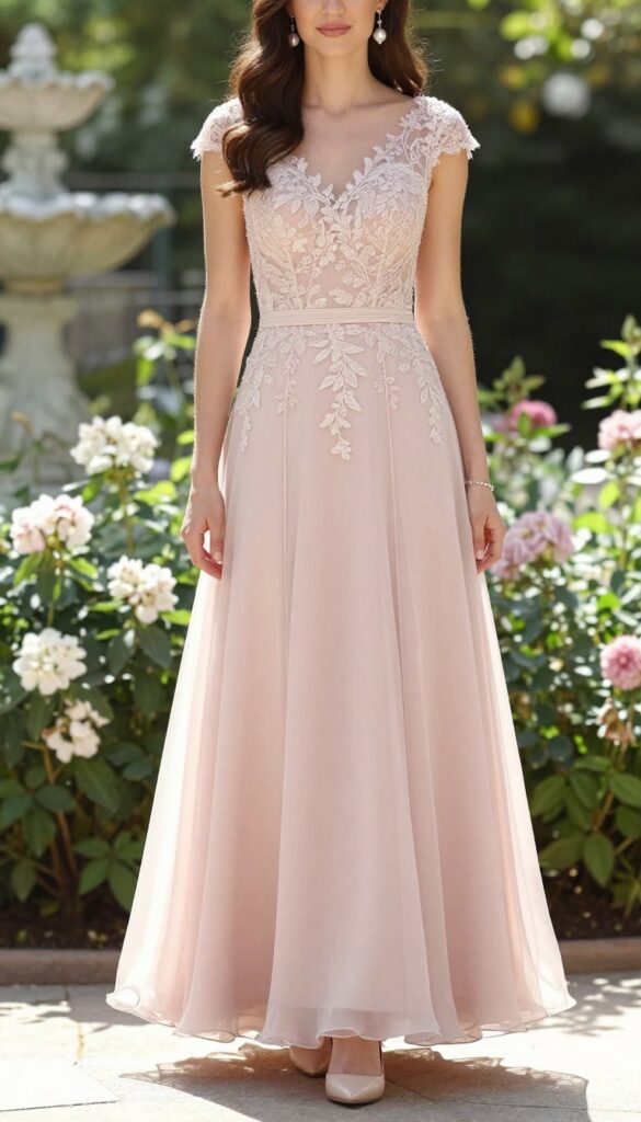 Woman in blush pink lace A-line wedding gown standing in garden