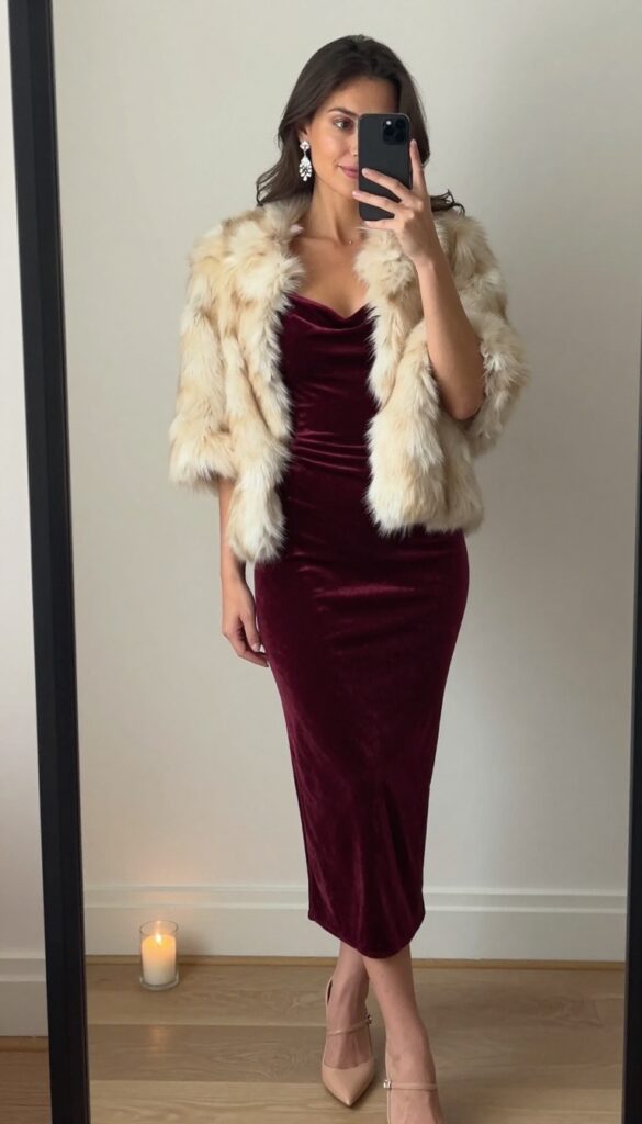 Woman in burgundy velvet slip dress with cream faux fur stole and nude heels at evening wedding