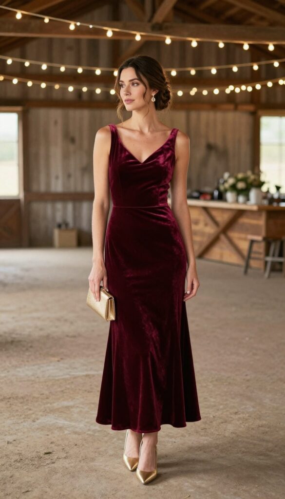Adult woman in burgundy velvet A-line wedding dress with long sleeves, gold heels and clutch, delicate earrings, loose updo, standing in rustic barn with fairy lights, natural warm lighting.