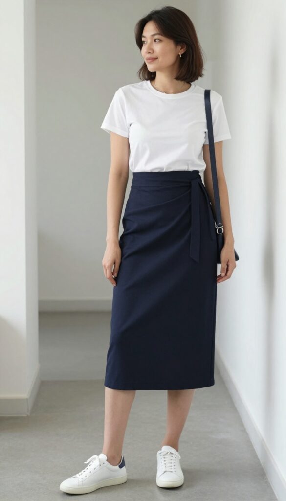 7. Wrap Skirt + Fitted Tee + Sneakers