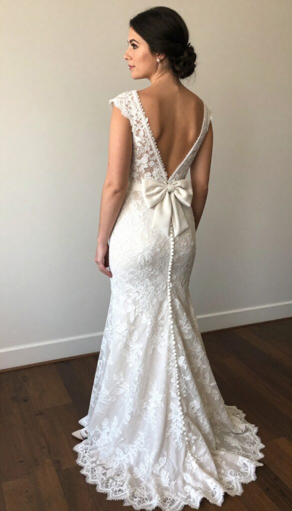 Woman in lace mermaid wedding gown with velvet bow back, pearl studs, soft updo, standing at top of grand staircase in ballroom with marble floors and crystal chandeliers, looking back over shoulder, natural lighting, elegant romantic atmosphere.