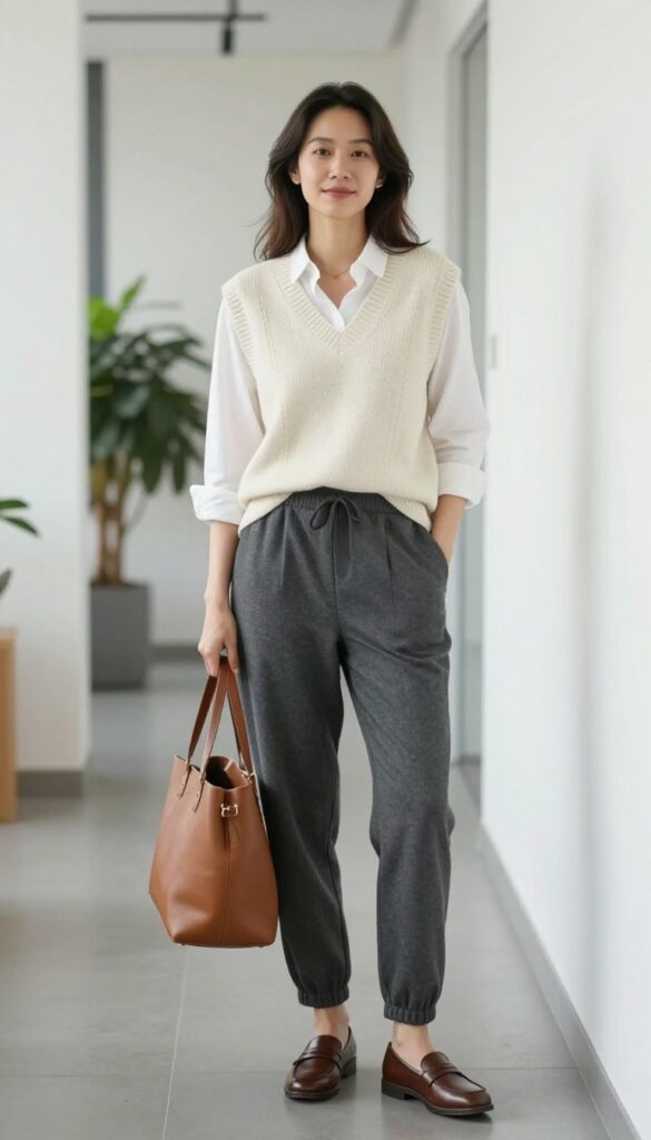 7. Sweater Vest + Button-Down + Jogger-Style Trousers + Loafers