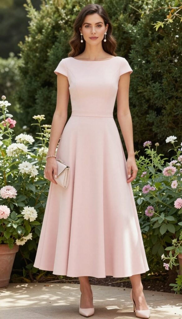 Woman in soft pink boat neck wedding dress with cap sleeves, pearl earrings, blush heels, and pastel clutch in garden