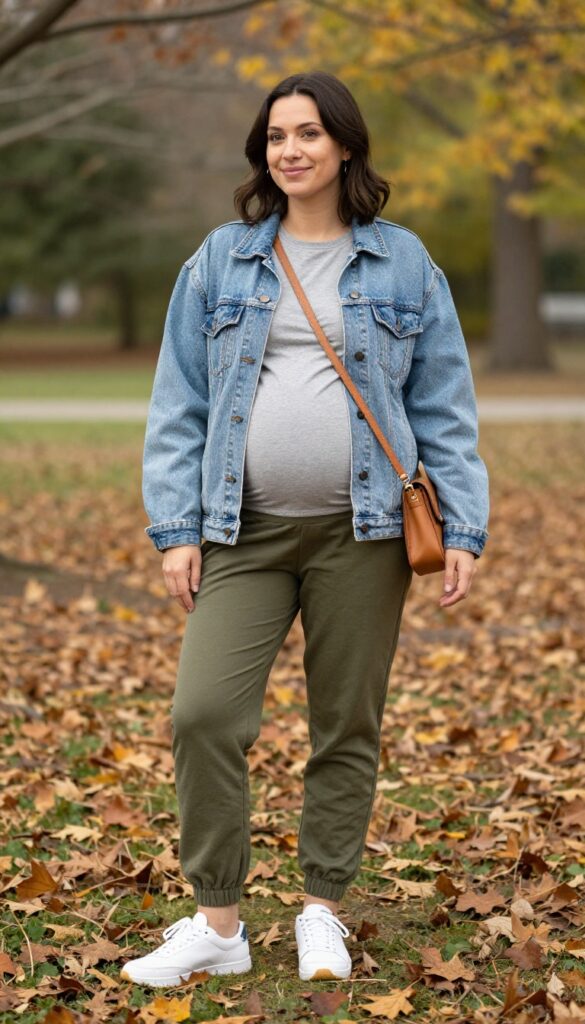 5. Denim Jacket over a Maternity Tee with Joggers