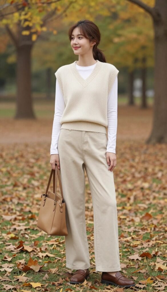 3. Knit Vest + Long-Sleeve Tee + Wide-Leg Trousers