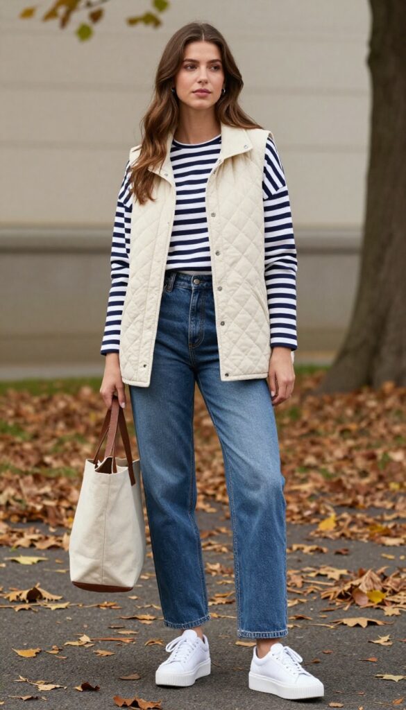 11. Longline Vest over a Long-Sleeve Top with Barrel Jeans