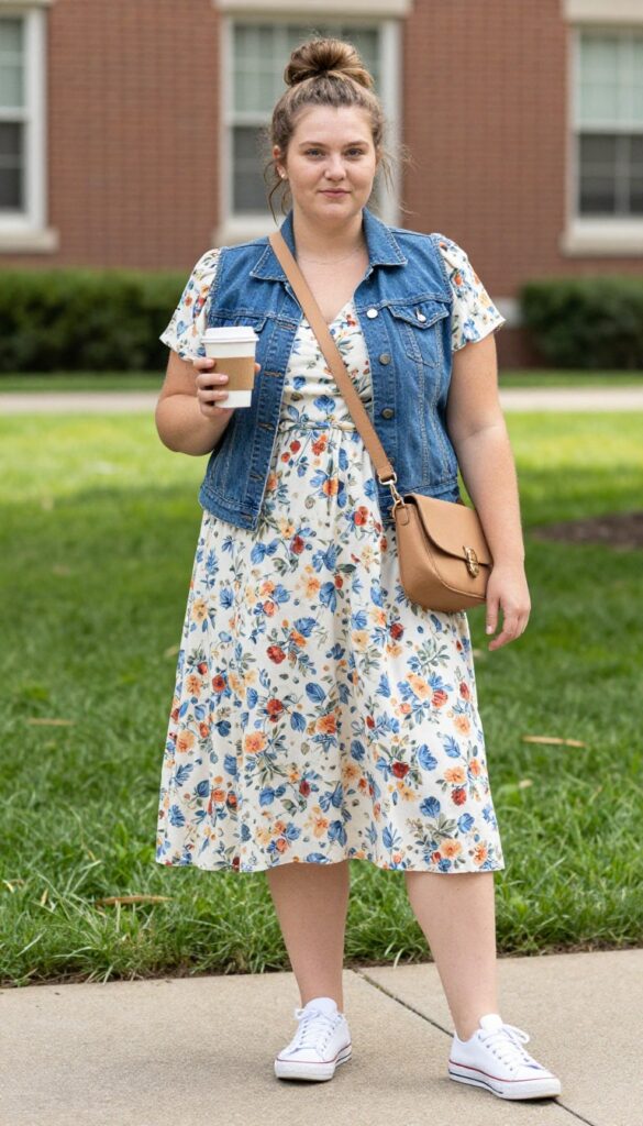 9. Floral Dress and Denim Vest