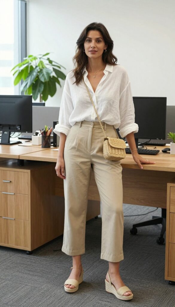 6. Blouse + Cropped Trousers + Espadrille Wedges