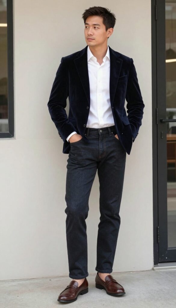 12. Velvet Blazer with Dark Jeans and a Dress Shirt
