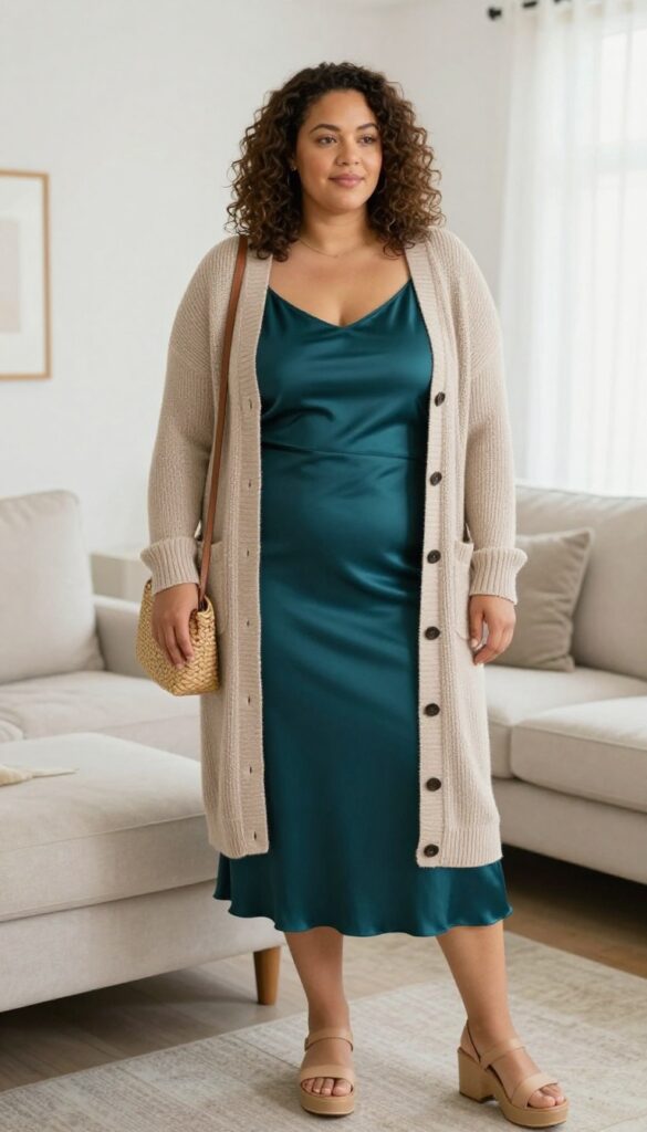5. Button-Front Cardigan + Slip Skirt + Platform Sandals